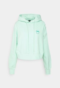 Miętowa, krótka bluza z kapturem z regulowanym sznurkiem, miękka w dotyku, z długimi rękawami i okrągłym graficznym logo na lewej piersi.