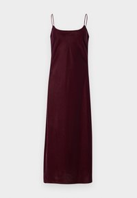Rochie burgundă fără mâneci, cu bretele subțiri și o siluetă dreaptă, confecționată dintr-un material neted și moale. Design minimalist, fără embellishments.