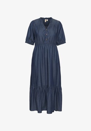 Denim jurk met ronde hals, korte puffmouwen, knoopsluiting, geraffineerde taille en een gelaagde rok. Donkerblauwe kleur, zachte textuur.