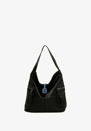 Čierna kožená hobo taška s výnimočne mäkkým tvarom, dvojitými zipsovými prednými vreckami a dlhým popruhom na rameno. Pripojená modrá značka.