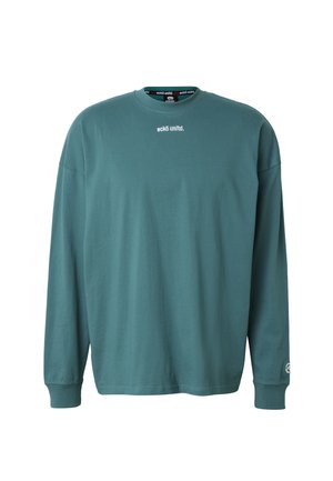 Sweatshirt à manches longues couleur sarcelle avec le texte "ecko unltd." centré près de l'encolure et un petit logo sur le bord de la manche gauche.