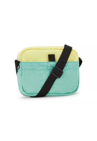 Crossbody tas in mintgroen met een textuur aan de buitenkant, gele voering en een zwarte verstelbare schouderband. Voorzien van een voorflap en een ritssluiting.