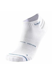 Calza bianca alla caviglia con lavorazione a maglia testurizzata, strisce blu a contrasto e logo. Finitura liscia con design a bordo corto.