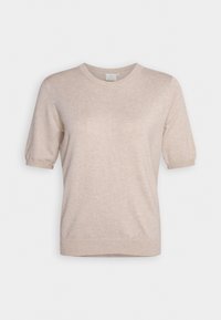 Beige sweater met korte mouwen gemaakt van zachte, gebreide stof met een ronde halslijn en subtiele ribbelaccenten aan de zoom en mouwen.