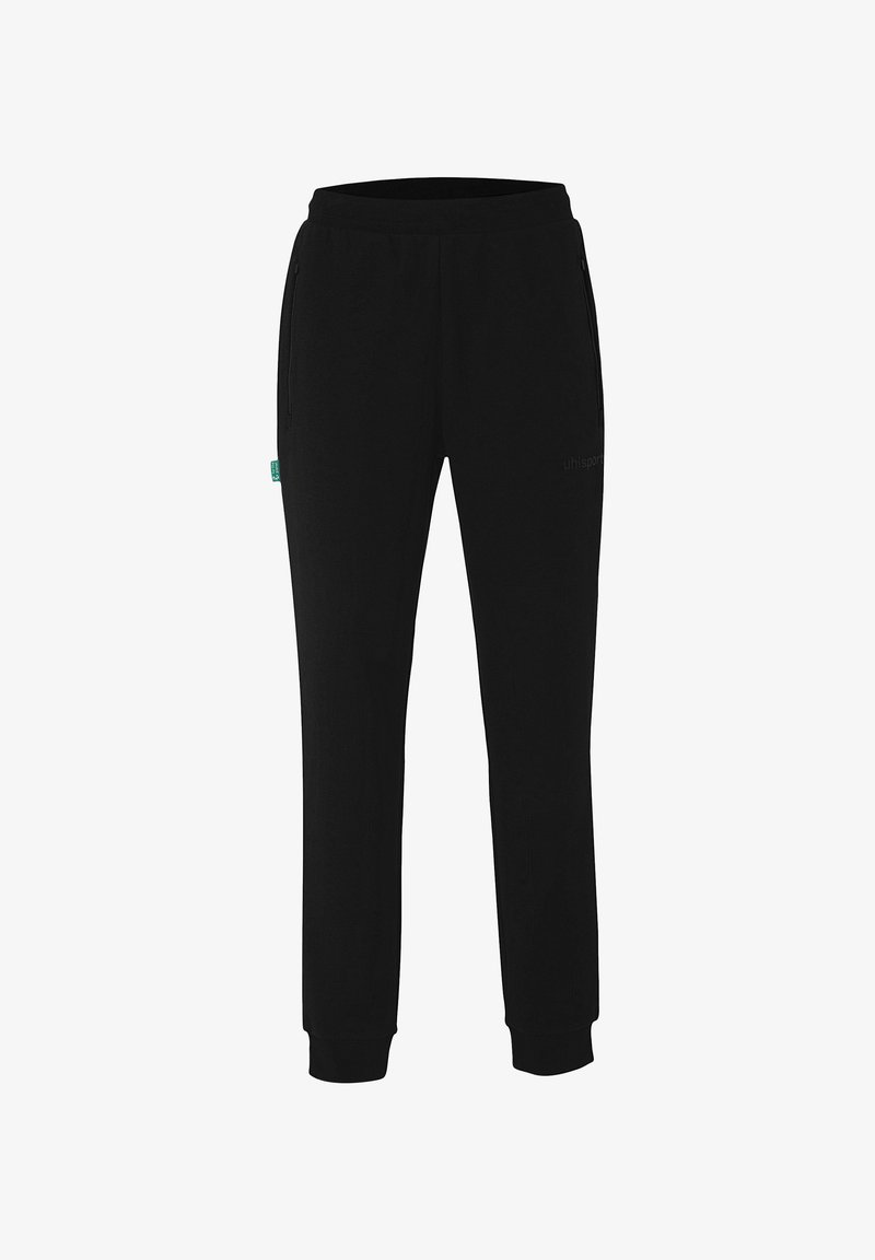 Sorte sweatpants med elastisk talje, smalle ben, sidelommer og en lille logo-detalje på venstre ben. Blødt stof.