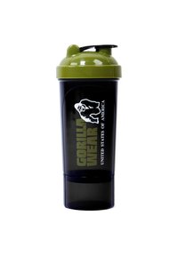 Zwarte shakerfles met een groene deksel, voorzien van een gorilla-logo en de tekst "GORILLA WEAR UNITED STATES OF AMERICA" op de zijkant.