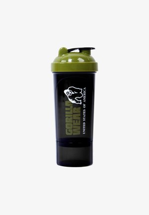 Black shaker bottle with a green lid, featuring a gorilla logo and "GORILLA WEAR UNITED STATES OF AMERICA" text on the side.