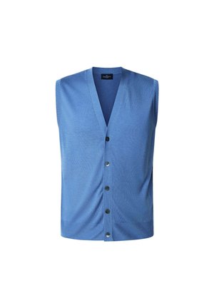 Blue sleeveless cardigan with a deep v-neck, featuring a button front and smooth texture. The fabric appears lightweight and casual.