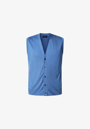 Gilet sans manches bleu avec un décolleté en V profond, présentant une fermeture à boutons et une texture lisse. Le tissu semble léger et décontracté.