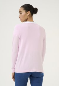 Maglione lungo rosa chiaro a maniche lunghe realizzato in materiale morbido, con scollatura rotonda e un orlo posteriore leggermente più lungo. Indossato con jeans blu.