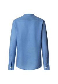 Camicia a maniche lunghe di colore azzurro chiaro con colletto, schiena dritta, polsini con bottoni e una texture di tessuto morbido, caratterizzata da un design casual.