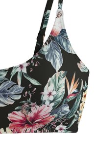 Gėlių bikini viršus juodu fonu, puoštas ryškiai rožinėmis ir oranžinėmis gėlėmis, žaliomis lapijomis bei reguliuojamomis petnešėlėmis, kad geriau priglustų.