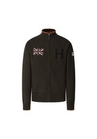 Svetr na zip v tmavězelené pletenině. Obsahuje nášivku s Union Jack a cedulku "HACKETT" na levé hrudi; žebrovaný límec a manžety.