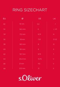 Tabla de tamaños de anillo sobre un fondo rojo. Incluye tamaños en EU, diámetro en mm, tamaños equivalentes en EE. UU. y Reino Unido, con texto claro y en negrita y columnas distintas.