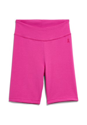 Felroze, hooggetailleerde, nauwsluitende shorts tot over de knie met platte naden en een klein logo aan de linkerbovenkant.