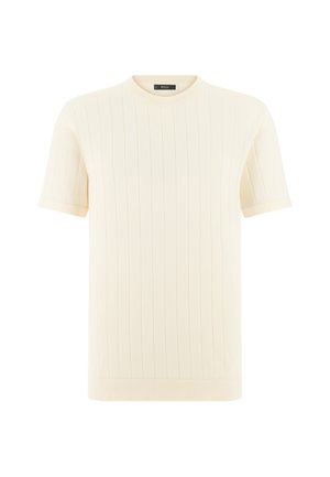 Kremowa dzianinowa koszulka z krótkim rękawem, z pionowym prążkowanym wzorem i okrągłym dekoltem, prezentowana na białym tle.
