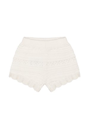 Pantaloncini bianchi lavorati a maglia con motivi intricati, caratterizzati da un orlo smerlato e una vita testurizzata. Tessuto leggero e lavabile in lavatrice.