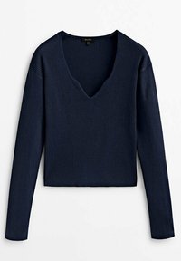 Mörk marinblå, ribbad långärmad pullover med V-ringning och kort design. Tyget verkar vara texturerat och mjukt.