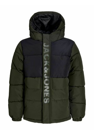 Groene en zwarte gewatteerde winterjas met capuchon en verticale JACK & JONES-logo op het voorste ritsgebied.