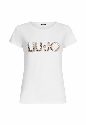 T-shirt en coton blanc avec le logo "LIU:JO" en impression stylisée multicolore avec des accents décoratifs et des manches courtes. Encolure ronde.