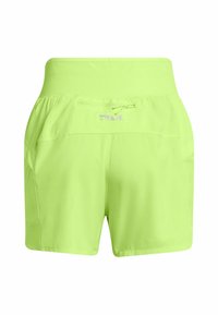 Pantalones cortos deportivos de color verde neón con una cinturilla elástica, que cuentan con bolsillos laterales y un pequeño bolsillo con cremallera en la parte posterior para almacenamiento.