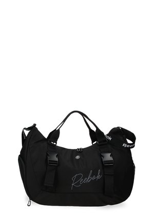 Bolsa deportiva negra Reebok con doble asa, correas ajustables con hebilla, bolsillo lateral con cremallera y logo de Reebok en el frente y la correa del hombro.