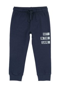 Marineblaue Jogginghose mit verstellbarem Bund, mit dem Aufdruck "WILLKOMMEN IM SPIEL" auf dem linken Bein in Weiß und Grau.