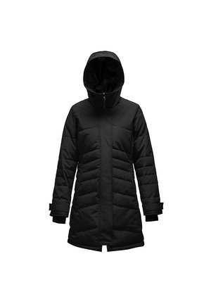 Czarna puchowa kurtka z kapturem, z zamkiem błyskawicznym, długimi rękawami i pikowanym wzorem. Miękka tekstura i długość do kolan.