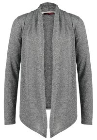 Grå stickad cardigan med långa ärmar, öppen framtill och med draperad design. Har ett texturerat tyg med lätt glans.