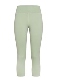 Vaaleanvihreät capri-legginssit, jotka on valmistettu joustavasta materiaalista. Ne ovat leveällä, joustavalla vyötärönauhalla ja niissä on sileä pinta, jossa on vähäisesti saumoja.