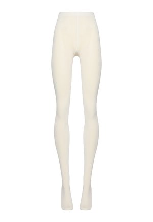 Witte ondoorzichtige panty’s met een gladde textuur, voorzien van een naadloos ontwerp en hoge taille. Geaccentueerd met een subtiele middennaad aan de voorkant.