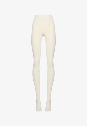 Weiße blickdichte Strumpfhosen mit glatter Textur, nahtlosem Design und hoher Taille. Mit einer dezenten Mittelnähten an der Vorderseite akzentuiert.