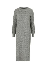 Robe gris en tricot à mailles avec des manches longues, un col rond et une longueur jusqu'au mollet ; elle présente un motif texturé ainsi que des poignets et un ourlet côtelés.
