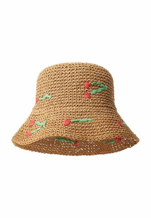 Brown woven bucket hat with small red and green embroidered floral accents.