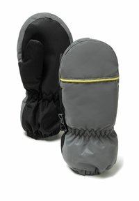 Moufles imperméables grises avec une doublure intérieure texturée noire, un poignet élastique et une bande jaune en accent. Conçues pour une utilisation par temps froid.