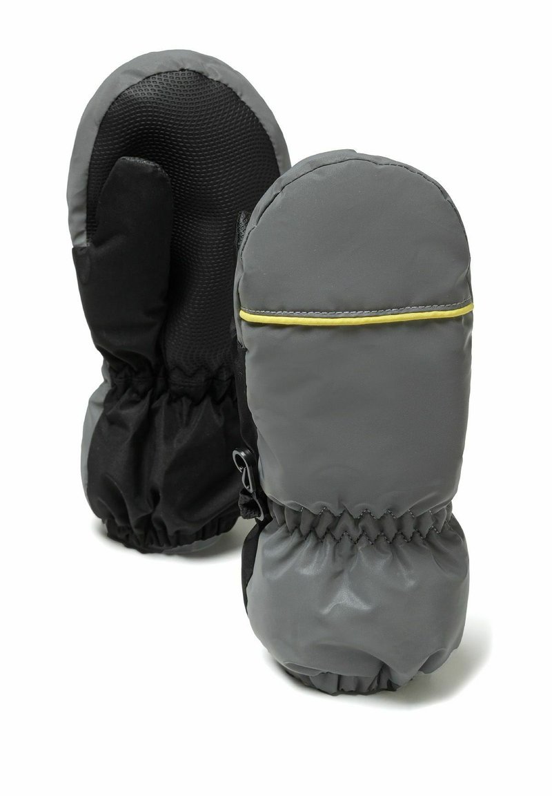 Moufles imperméables grises avec une doublure intérieure texturée noire, un poignet élastique et une bande jaune en accent. Conçues pour une utilisation par temps froid.