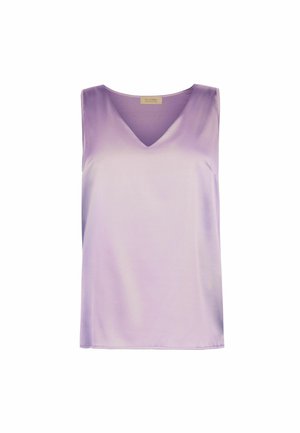 Blusa senza maniche in satin lavanda con scollo a V e una texture liscia e lucida, mostrata su sfondo bianco.