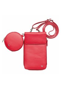 Sac bandoulière en cuir rouge, avec une pochette ronde détachable, finition texturée, fermeture à rabat et bandoulière ajustable. Détail zipé de la pochette circulaire.
