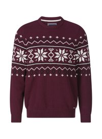 Burgunderfarbener Strickpullover mit geometrischem Schneeflockenmuster in Weiß und Schwarz, mit Rundhalsausschnitt sowie gerippten Bündchen und Saum.