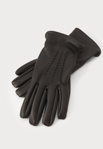 Black leather gloves with a textured finish, featuring a ribbed seam design on the back. Designed with five fingers and a classic cuff.