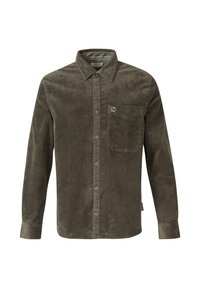 Olijfgroene corduroy overhemd met een knoopsluiting aan de voorkant, lange mouwen, een borstzak en een merkembleem op de bovenste linkerzijde.