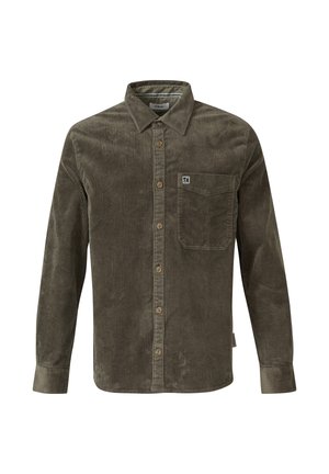 Olive green corduroy shirt with a button-up front, long sleeves, a chest pocket, and a brand logo patch on the upper left.