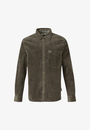 Olive green corduroy shirt with a button-up front, long sleeves, a chest pocket, and a brand logo patch on the upper left.