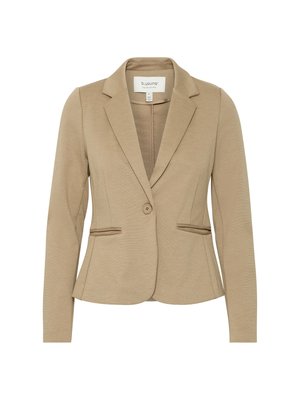 Blazer color beige con colletto a scollatura, chiusura a un bottone, due tasche frontali e design aderente, realizzato in un tessuto strutturato.