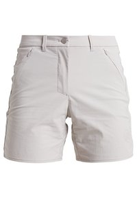Ljusgrå shorts av lättviktstyg, med platt front, dragkedjeförsedda sidfickor och en logodetalj på vänster ben.
