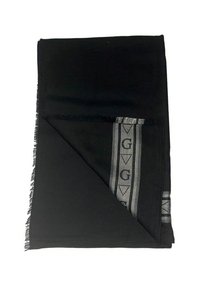 Zwarte sjaal van zacht materiaal met een gestructureerde, franjesrand. Heeft een grijze logo band patroon langs één kant.