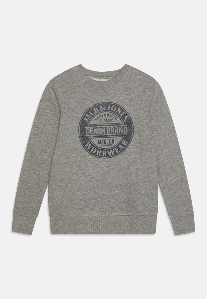 Felpa grigia in cotone, con colletto tondo e maniche lunghe. Presenta un logo stampato blu sul davanti.