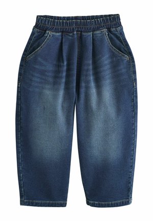 Blaue Denim-Cropped-Hose mit elastischem Bund und Seitentaschen, mit subtilen ausgebleichten Details vorne und hinten.