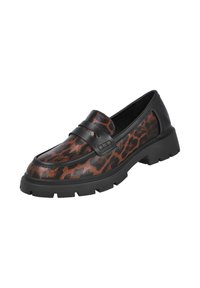 Mocasines de estampado de leopardo con acentos de cuero negro, suela baja y gruesa, superficie texturizada y una correa decorativa en la parte superior.