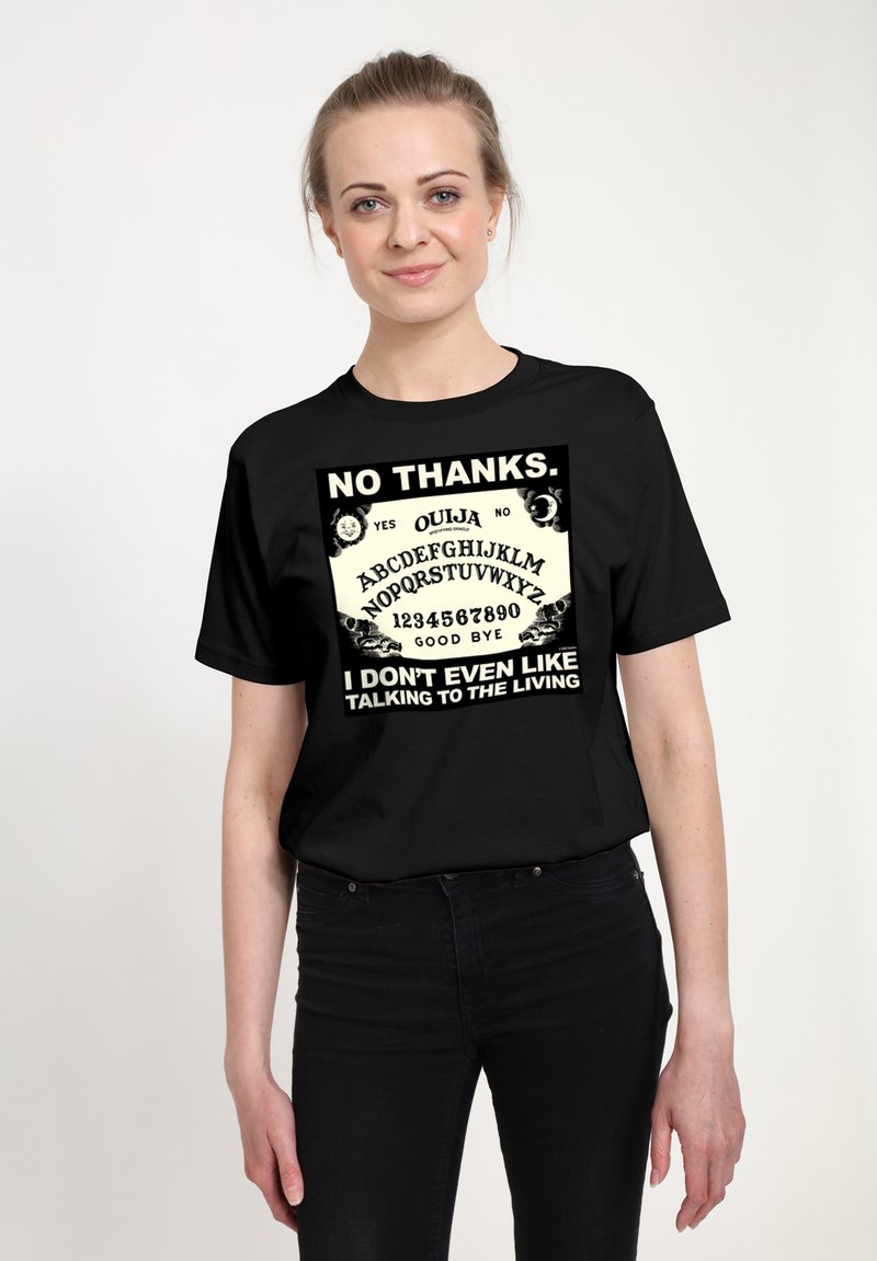 Czarny t-shirt z krótkim rękawem z grafiką białej planszy Ouija oraz napisem "NIE DZIĘKUJĘ. NAWET NIE LUBIĘ ROZMAWIAĆ Z ŻYJĄCYMI."